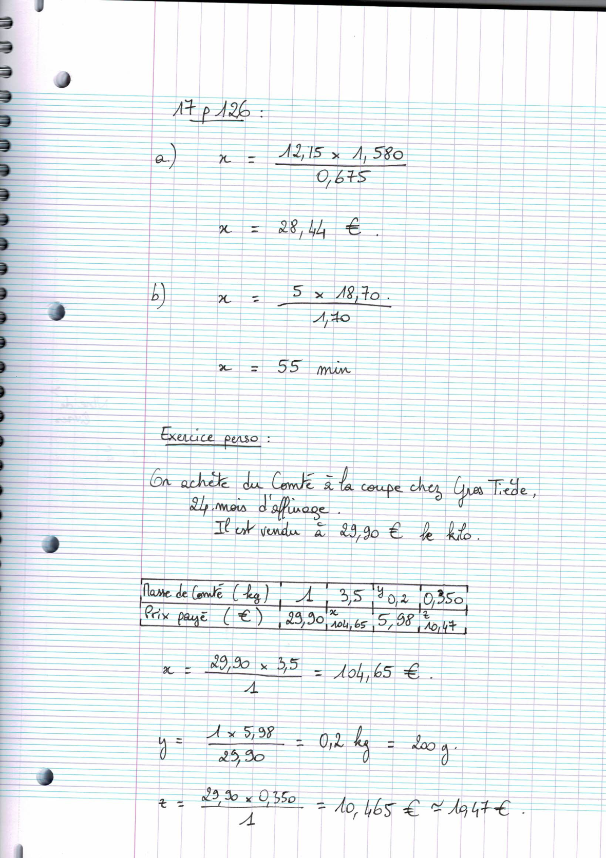Page scannée du cahier de la classe 405