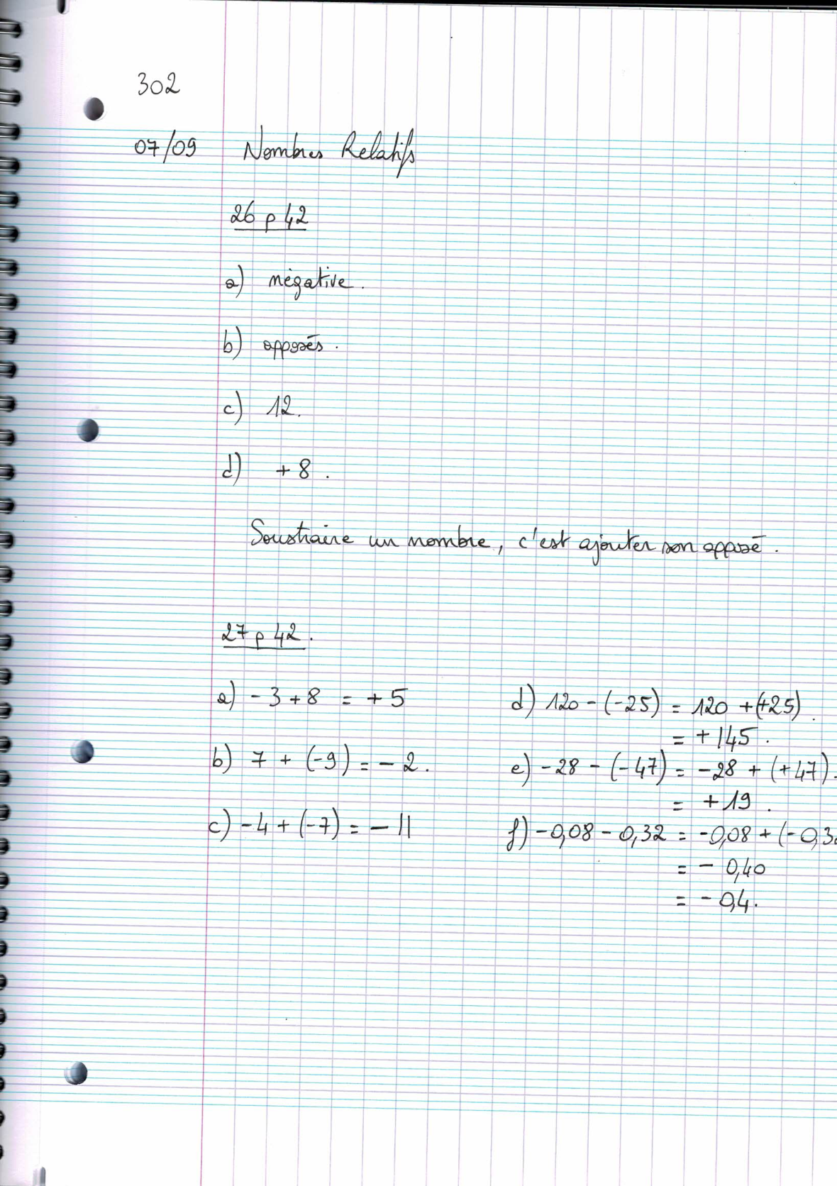Page scannée du cahier de la classe 302