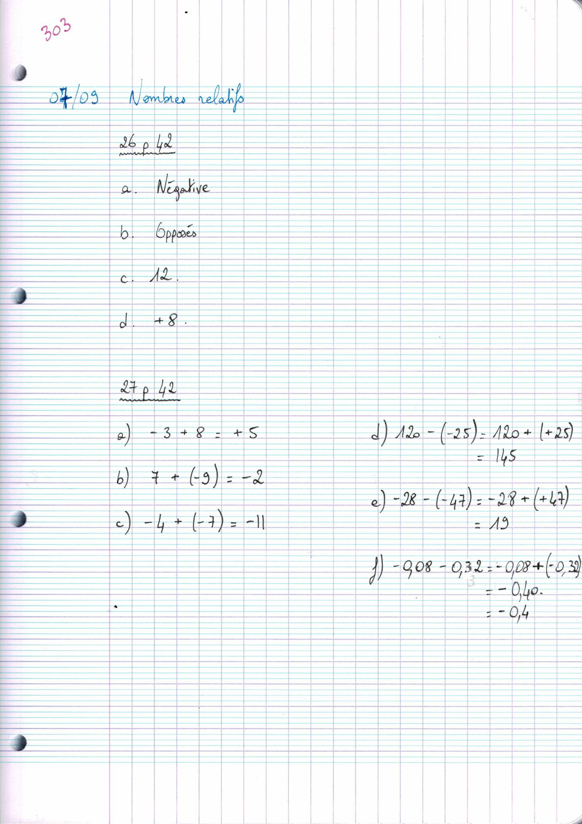 Page scannée du cahier de la classe 303