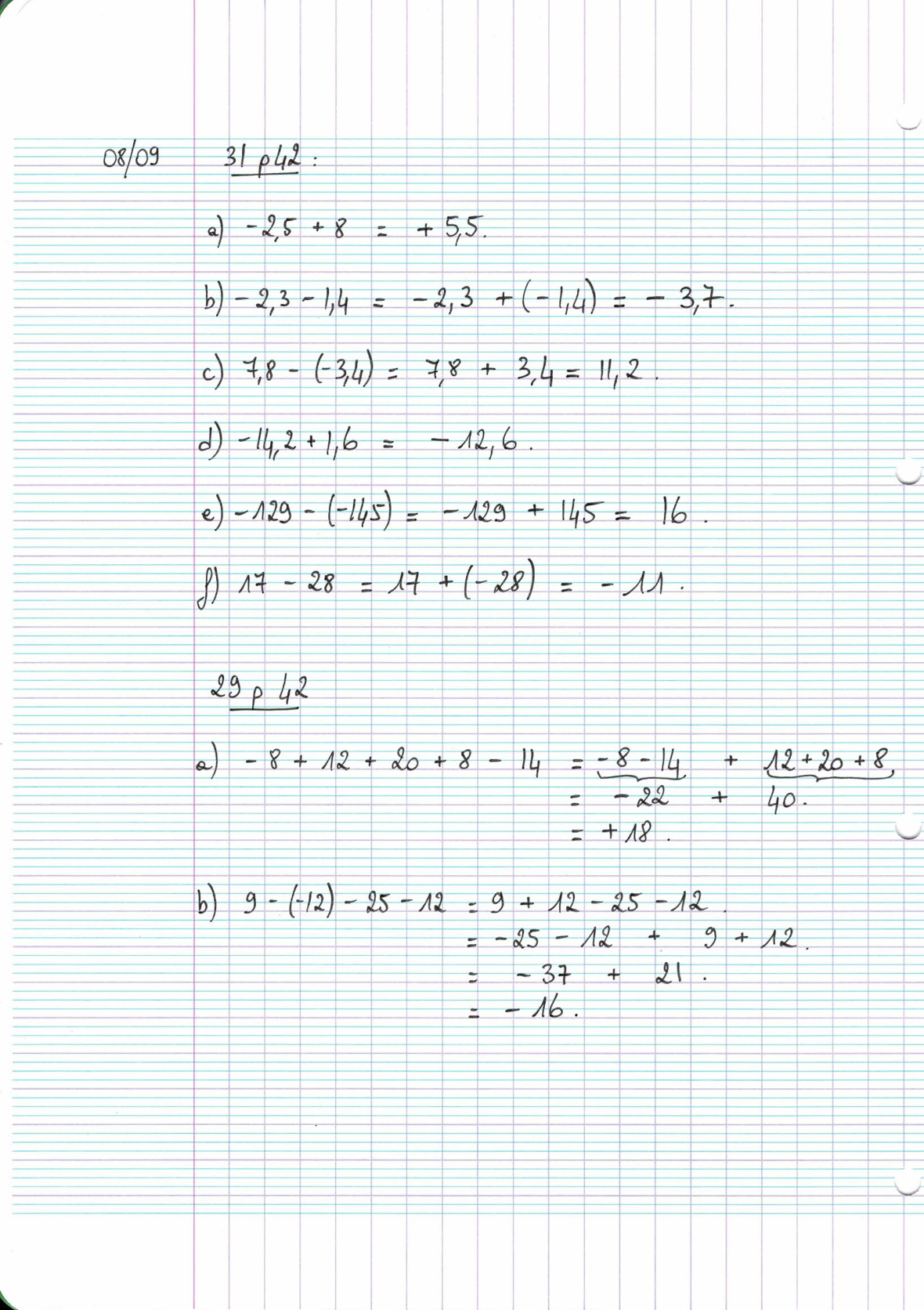 Page scannée du cahier de la classe 303