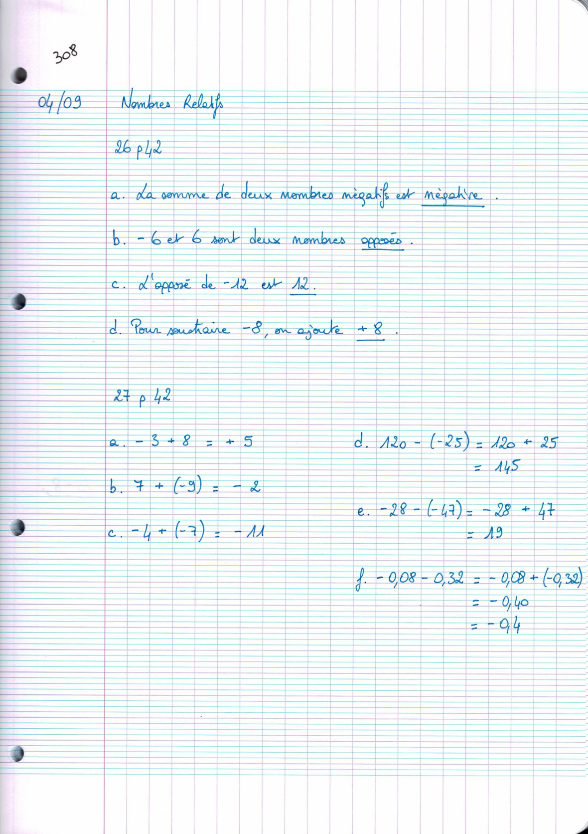 Page scannée du cahier de la classe 308