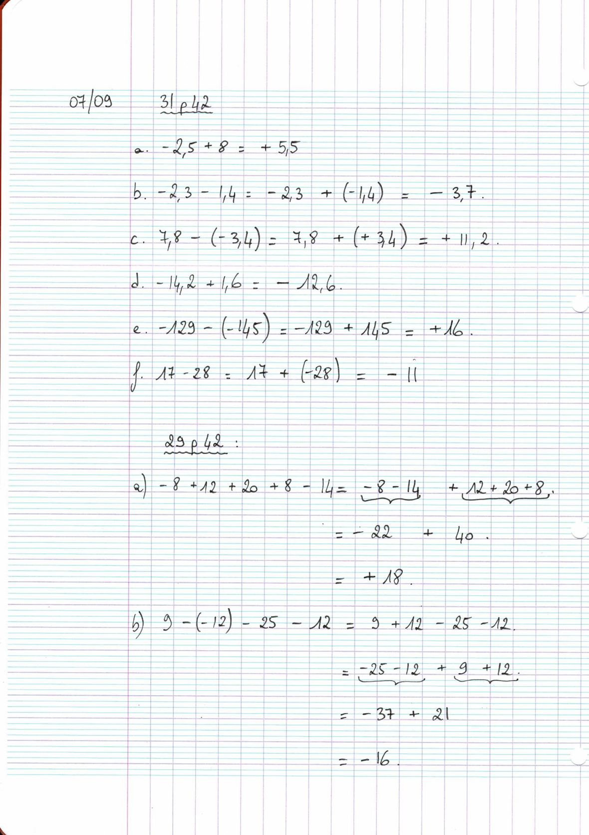 Page scannée du cahier de la classe 308