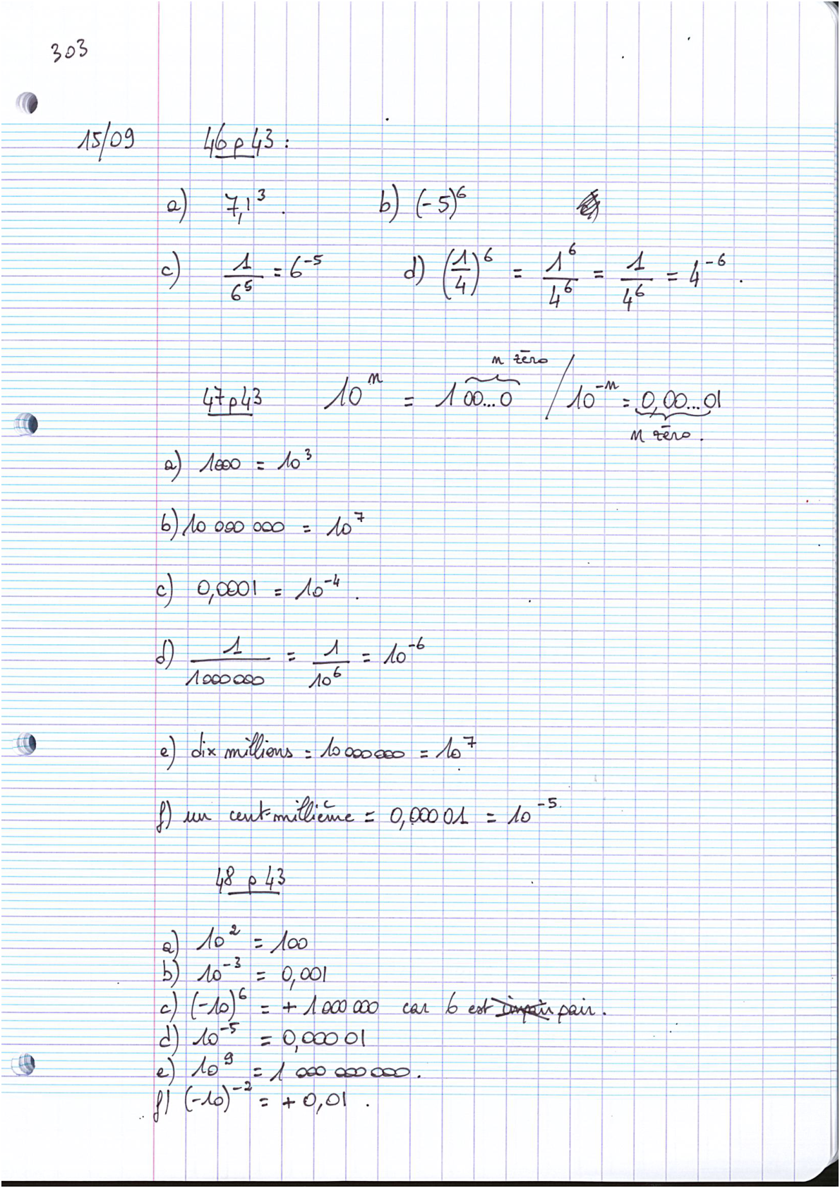 Page scannée du cahier de la classe 303