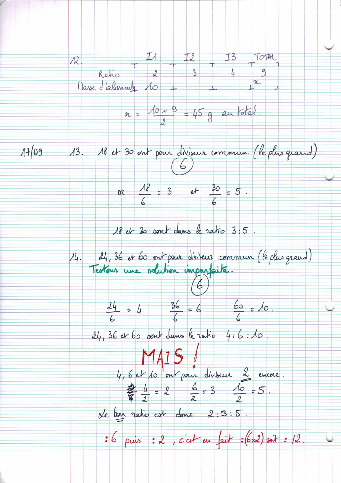 Page scannée du cahier de la classe 405