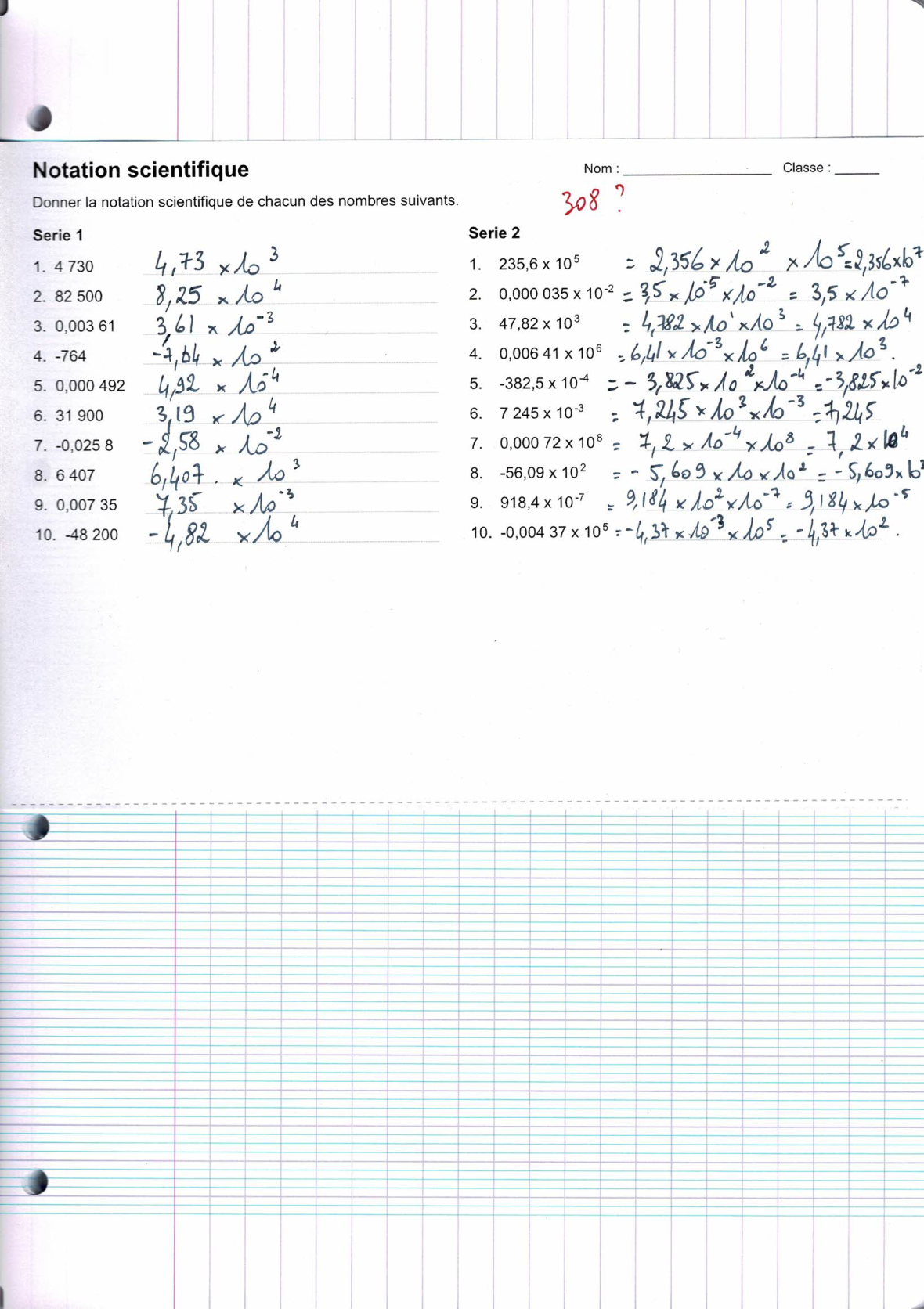 Page scannée du cahier de la classe 308