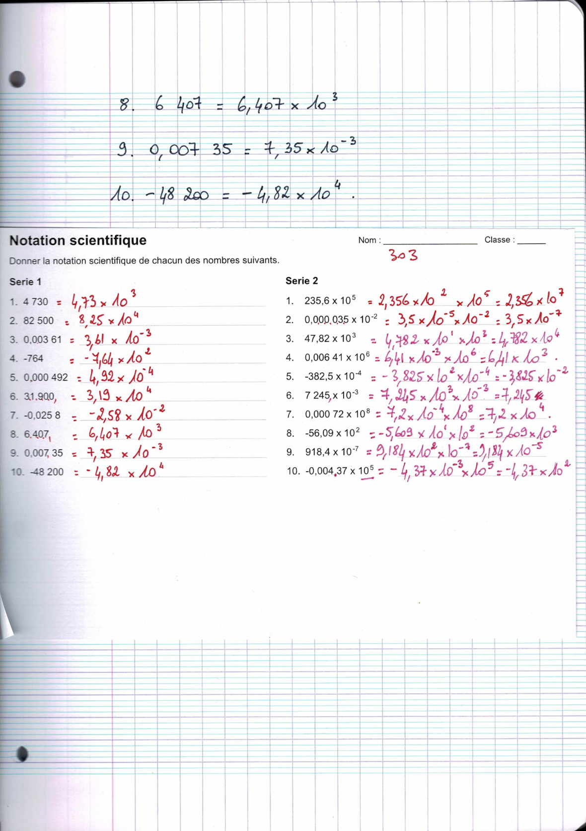 Page scannée du cahier de la classe 303