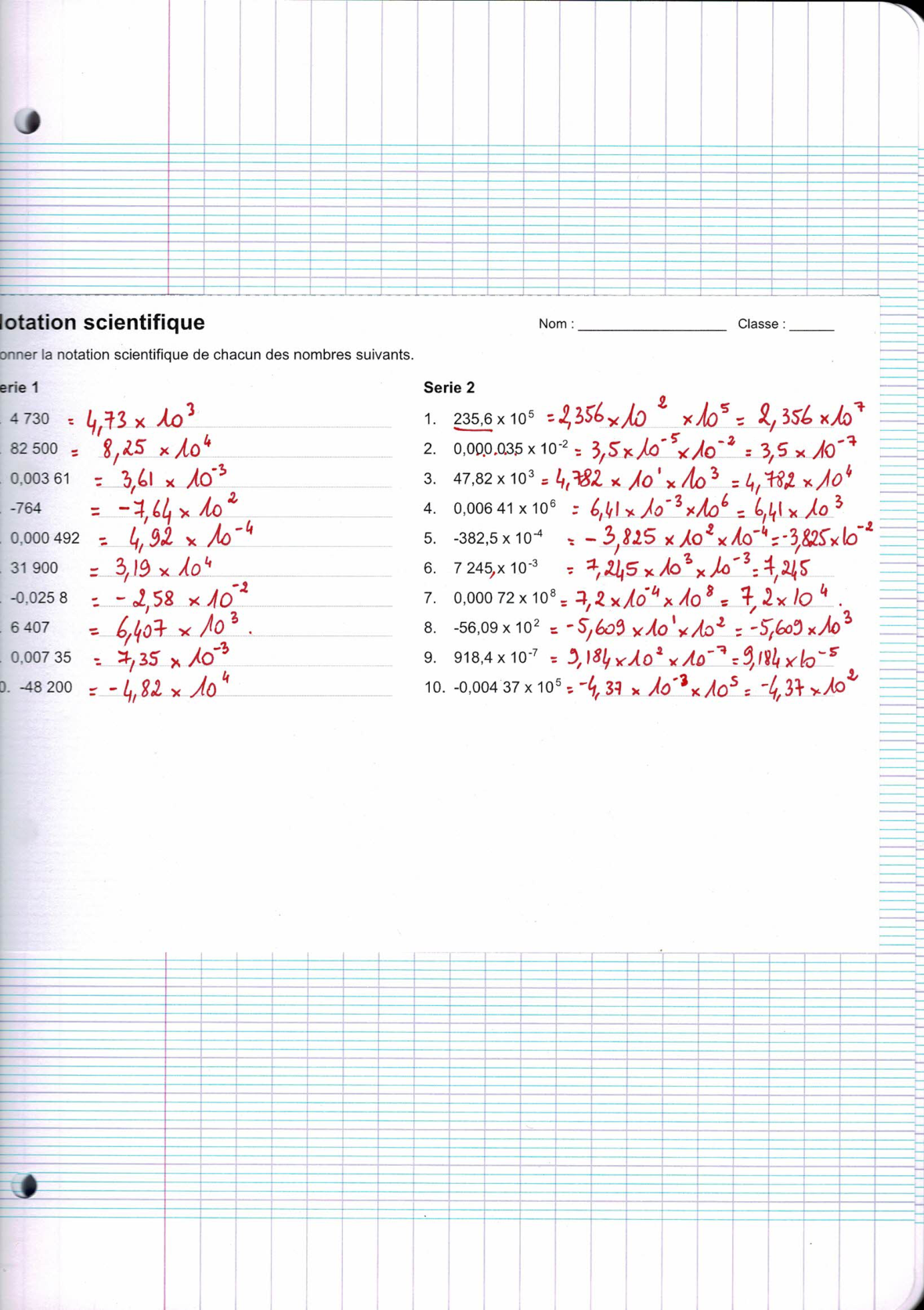 Page scannée du cahier de la classe 302