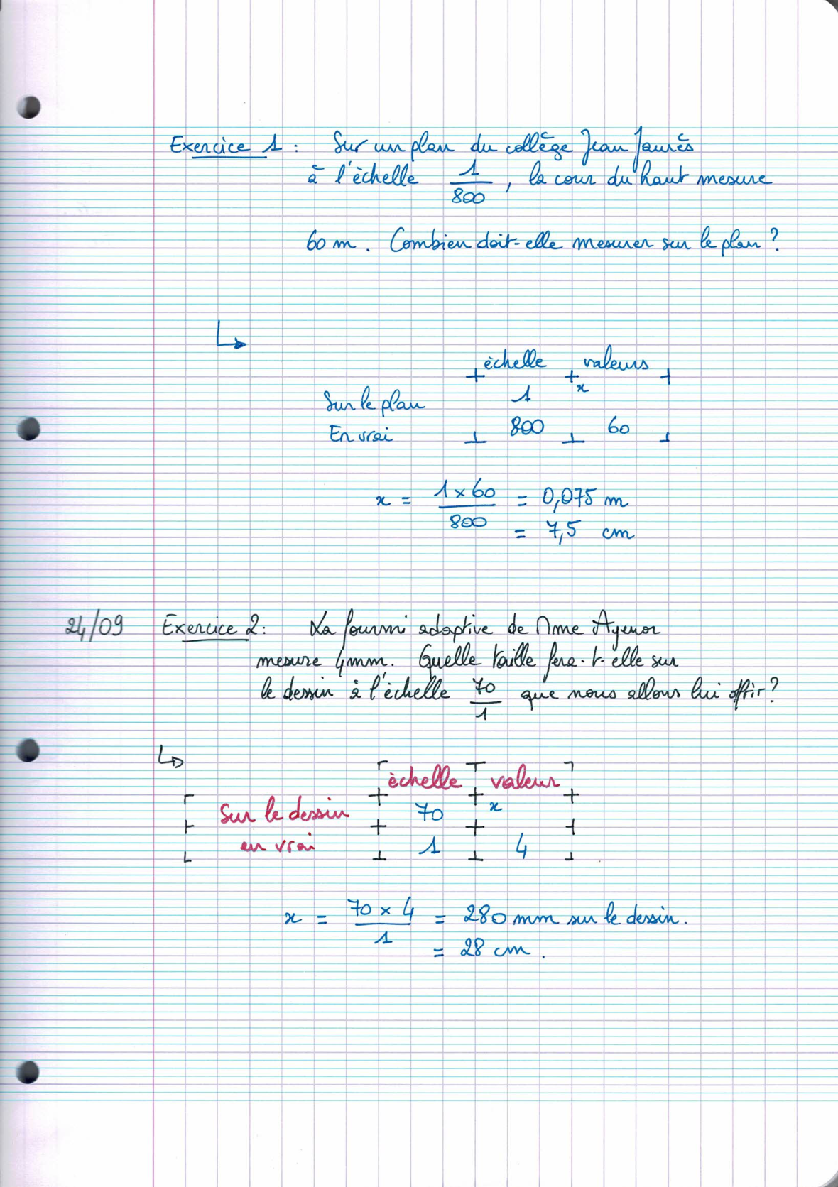 Page scannée du cahier de la classe 405